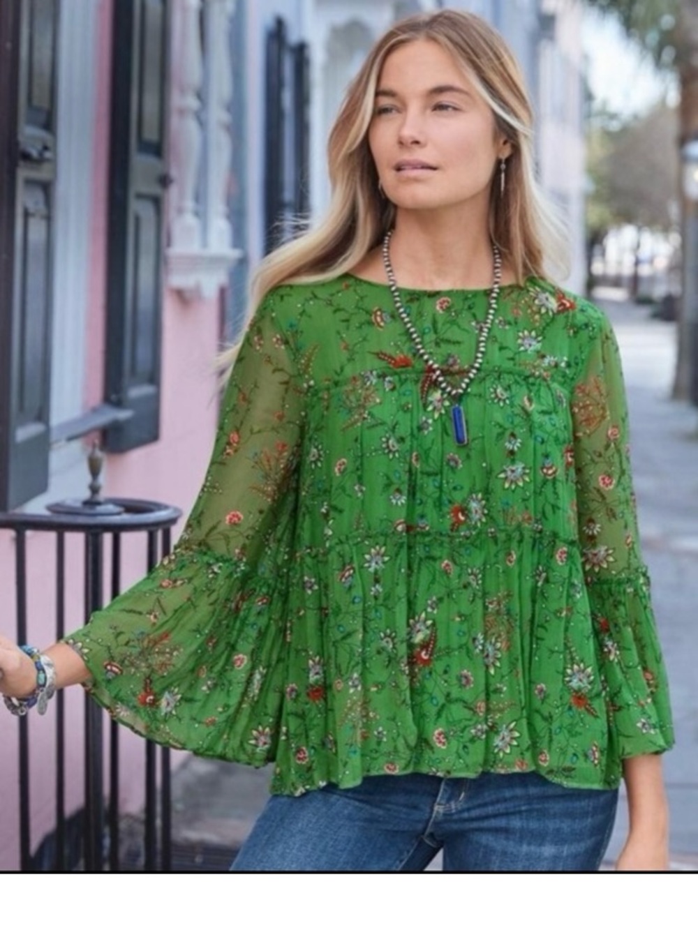 Sundance Joy Tiered Floral Bell Sleeve Lined Blouse Size Small